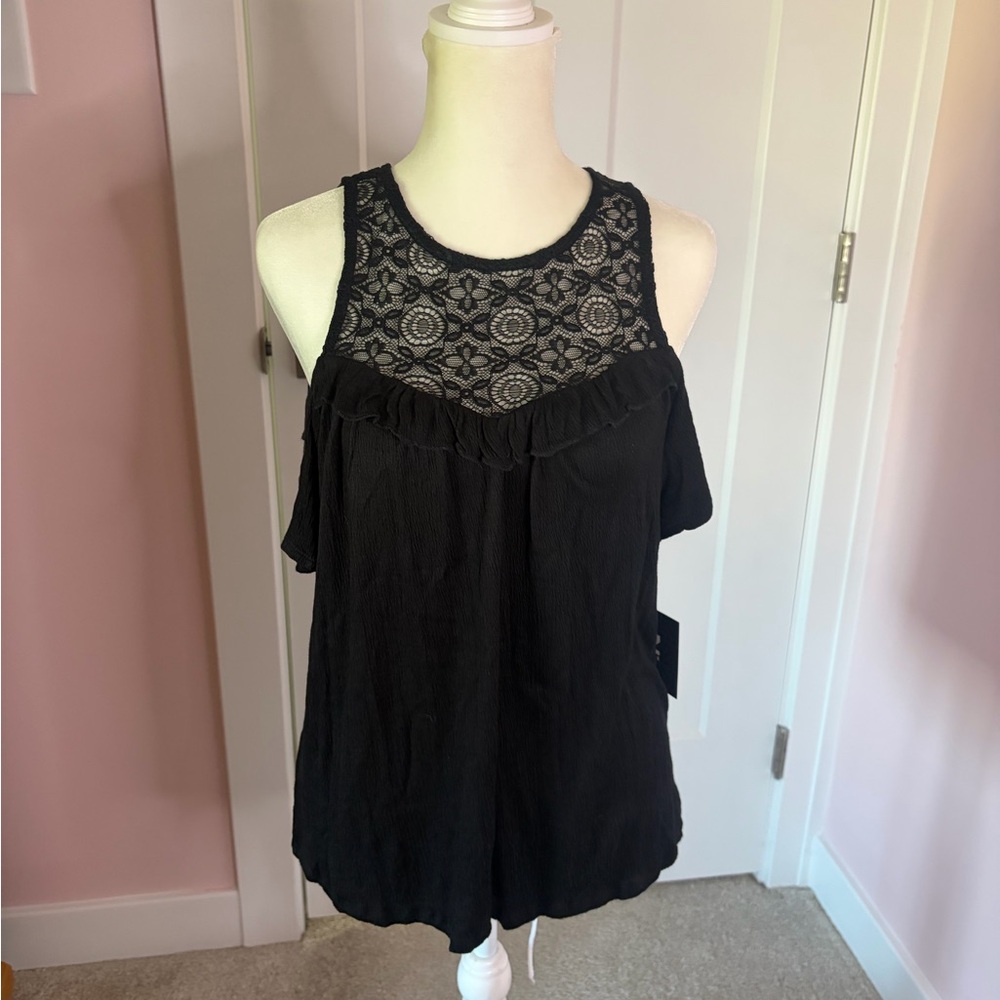 Black Lace Yoke Cold-Shoulder Women's Top